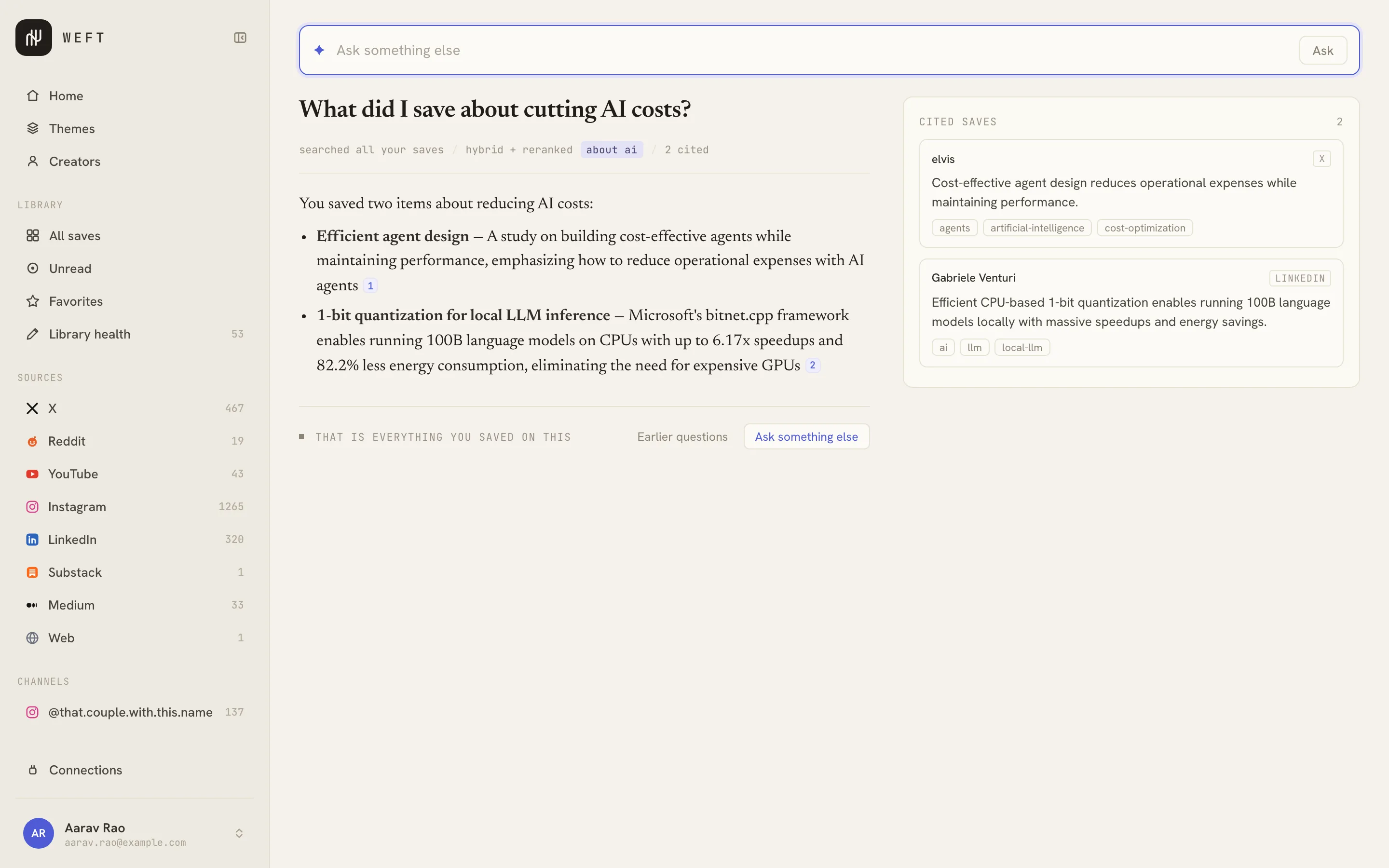 Weft's Ask panel answering 'What did I save about cutting AI costs?' with a four-point answer, numbered inline citations, and a Cited saves panel listing the exact posts each point came from.