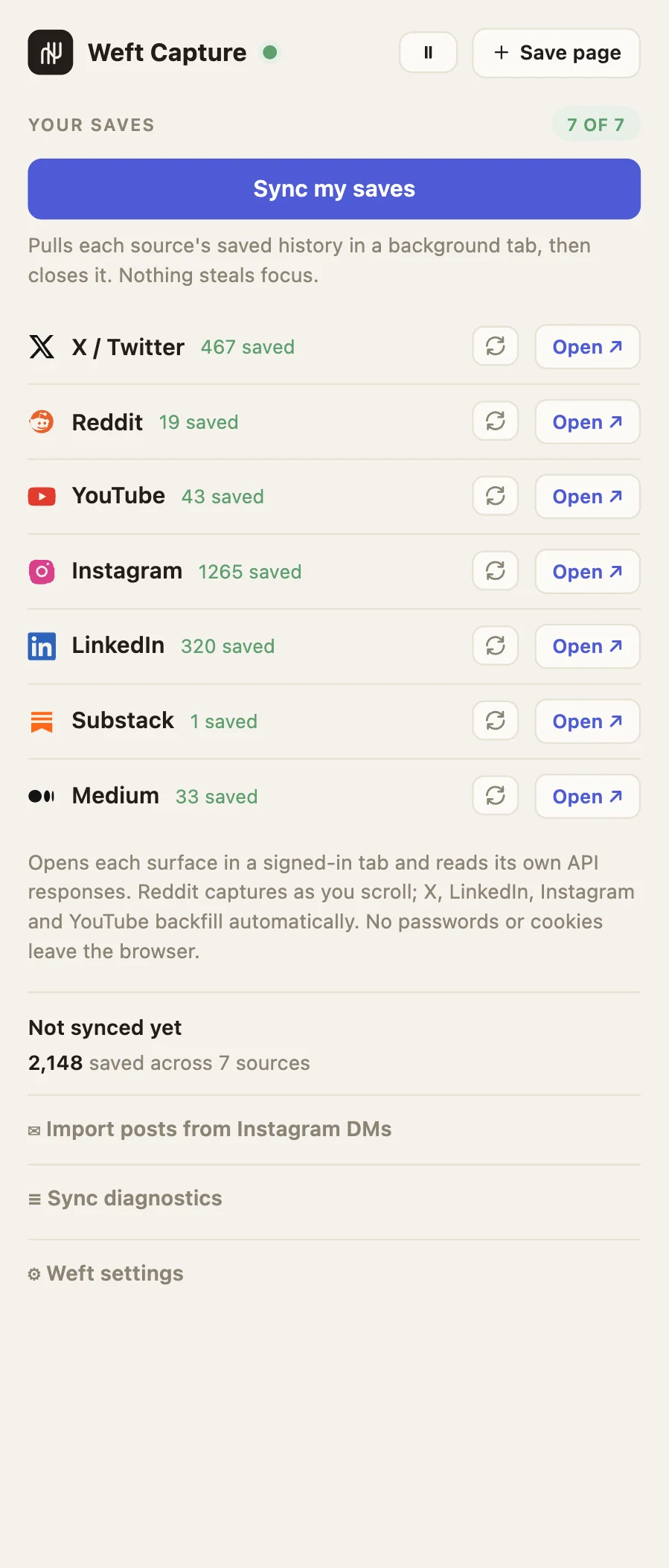 The Weft Capture extension popup: a 'Save this page' button showing 'Saved to Weft', the Weft API and token fields, a Save button, and live capture stats: 1,091 captured, 1,091 posted, 213 duplicate, 0 errors.