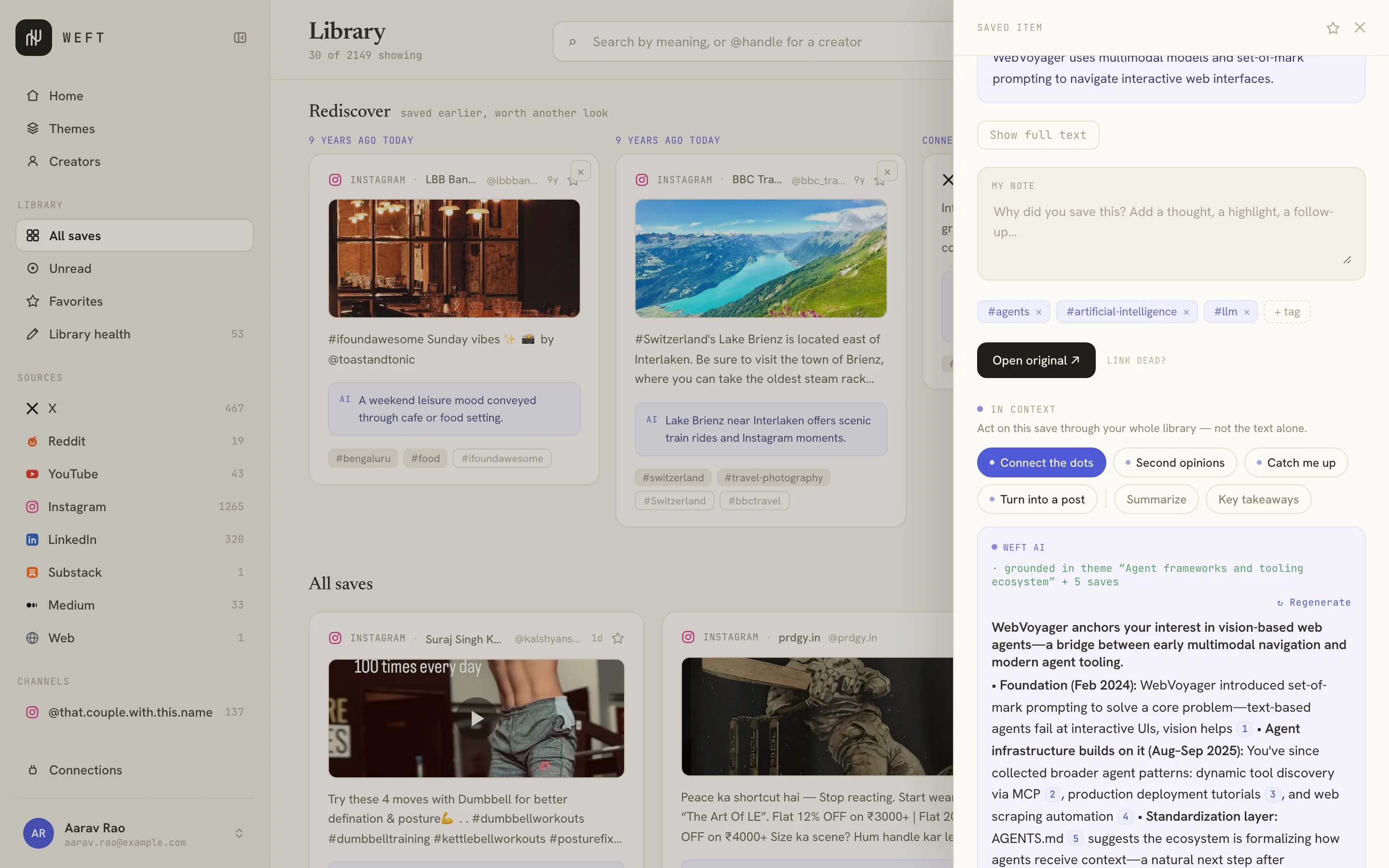A saved item drawer with the 'In context' actions open. 'Connect the dots' is selected and Weft has written an answer grounded in 6 saves from the library, with numbered citations, explaining how this save builds on earlier learning and responds to a later problem.