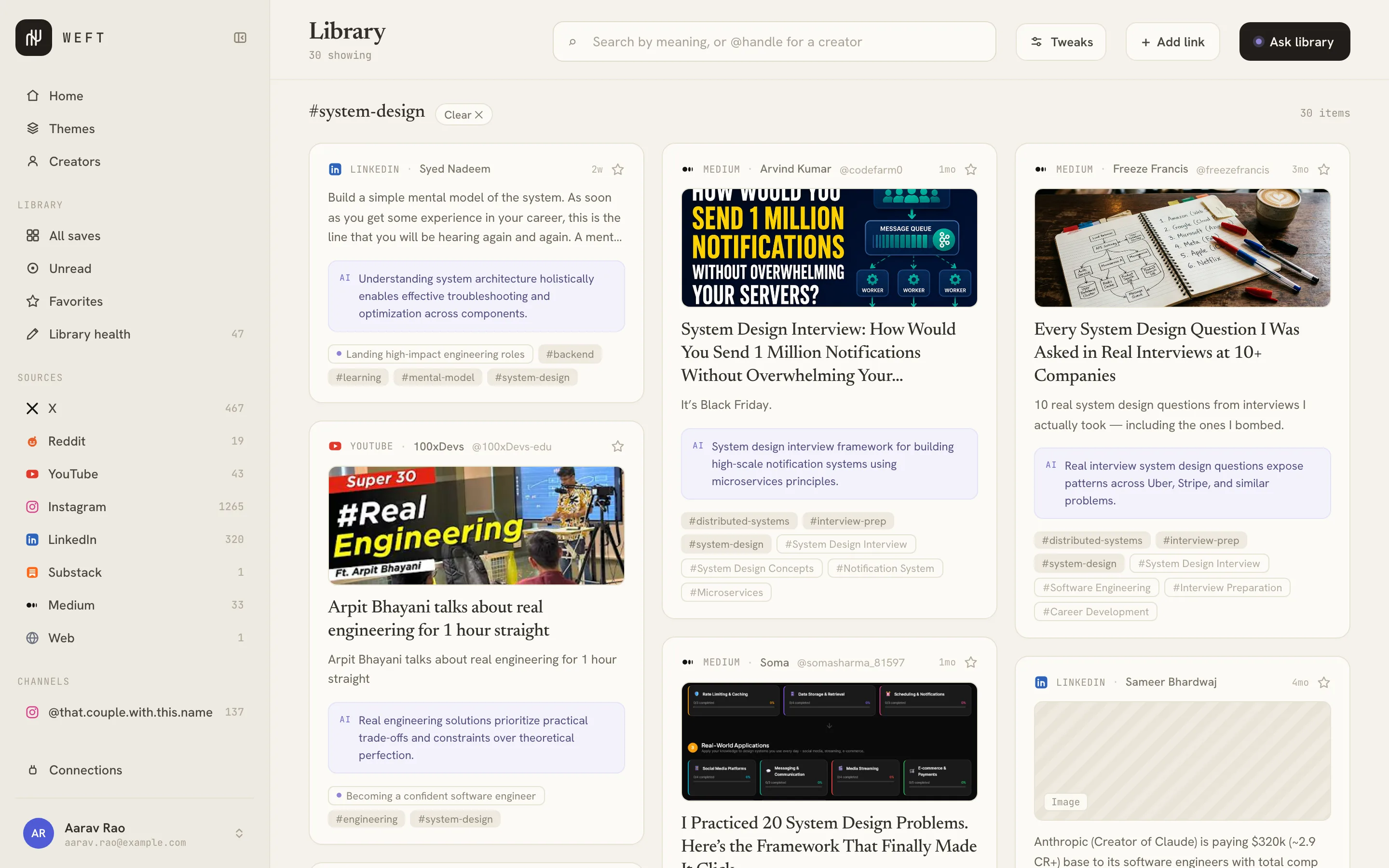 The Weft library filtered to the #system-design tag: saved posts from LinkedIn, Medium and YouTube on distributed systems and system-design interviews, each card carrying a one-line AI summary and its tags.